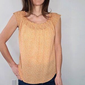 LC Lauren Conrad Mustard Floral Gathered Short Sleeve Blouse with Tie Size XS